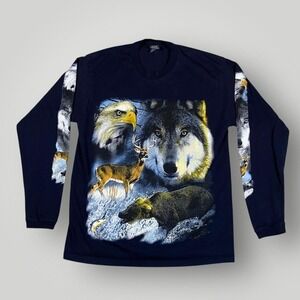 Choice Apparel Shirt Mens Medium Navy Long Sleeve Wildlife Wolf Eagle Deer Bear